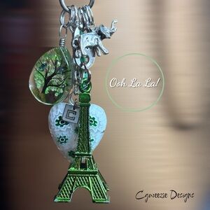 Artisan Handmade French Purse Bag Charm, Millefiori, Glass & Metal Green, White